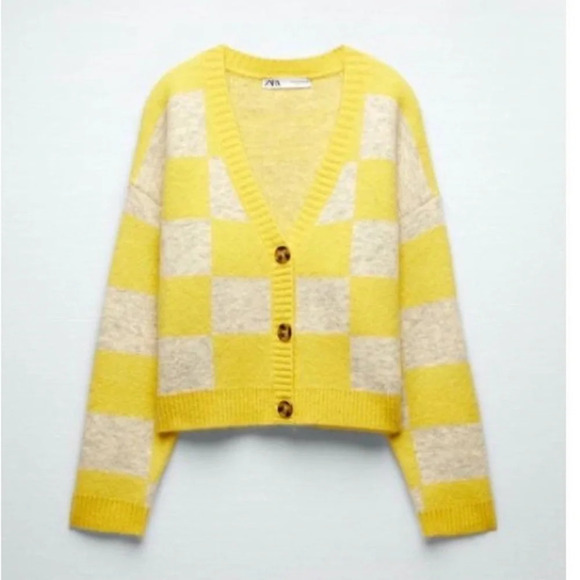 Zara Alpaca Wool Blend Boxy Button Front V Neck Cardigan Sweater Yellow Checked - Picture 3 of 12